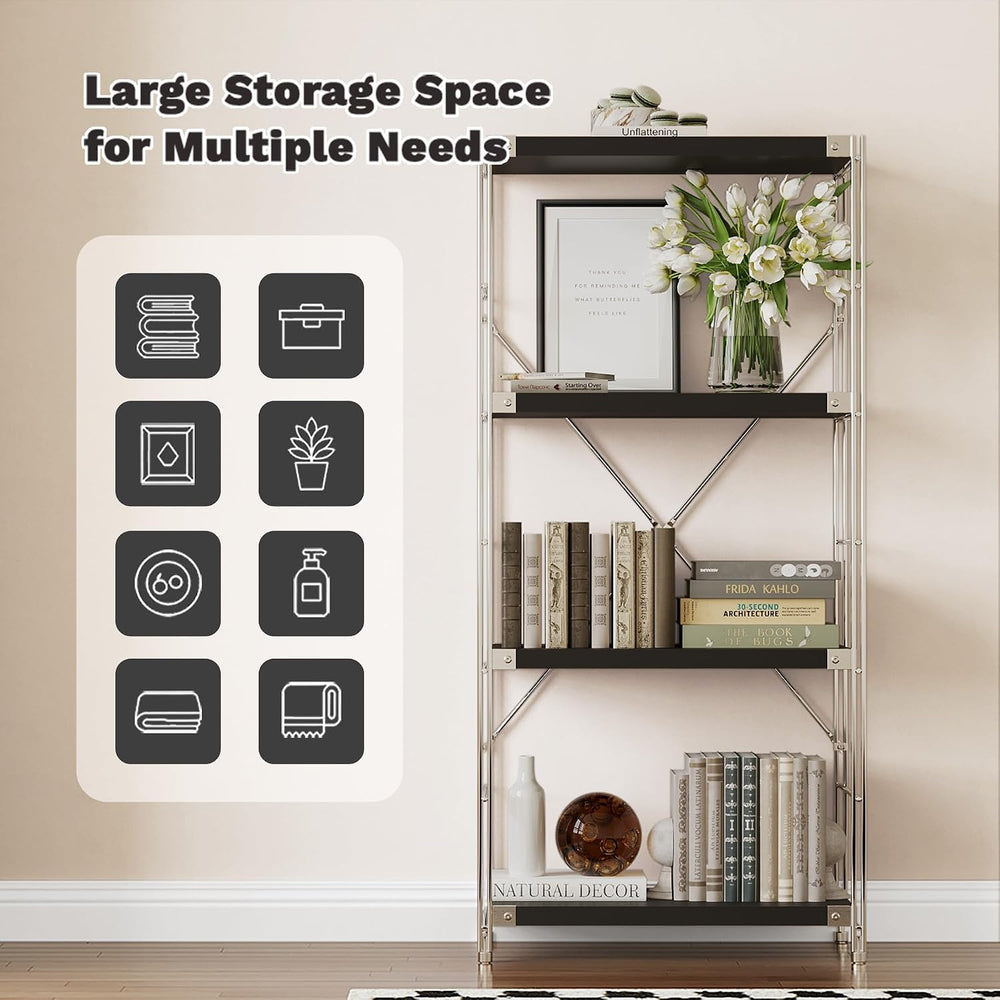 4-Tier Industrial Bookshelf, Wood and Metal Shelf Unit, Storage Bookcase
