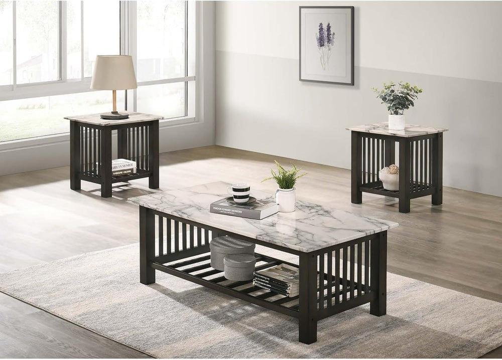 Contemporary 3pc Occasional Table Set Faux Marble Top Open Storage