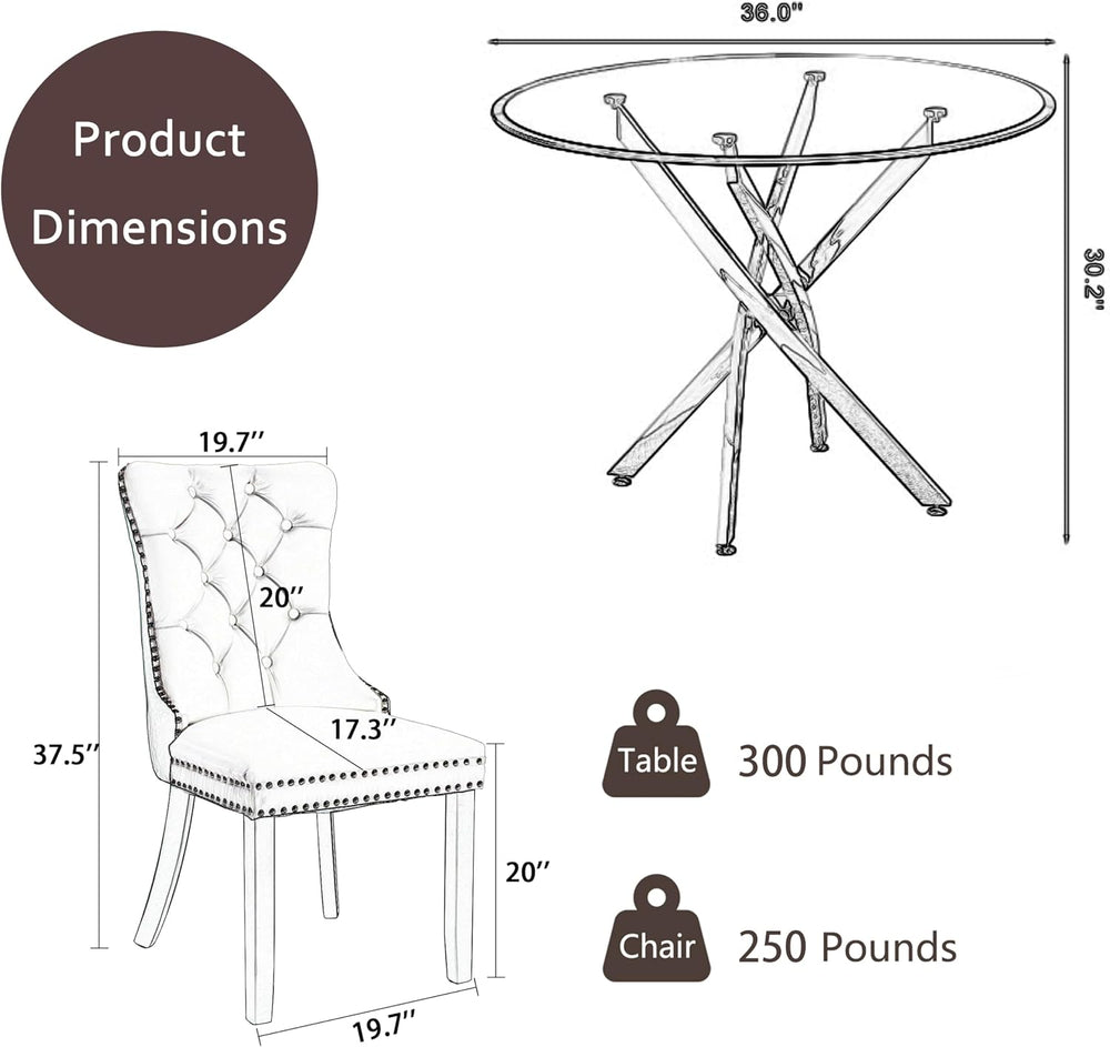 Clear Round Glass Top Dining Set for 4, 36'' Modern Luxury Circle Din...