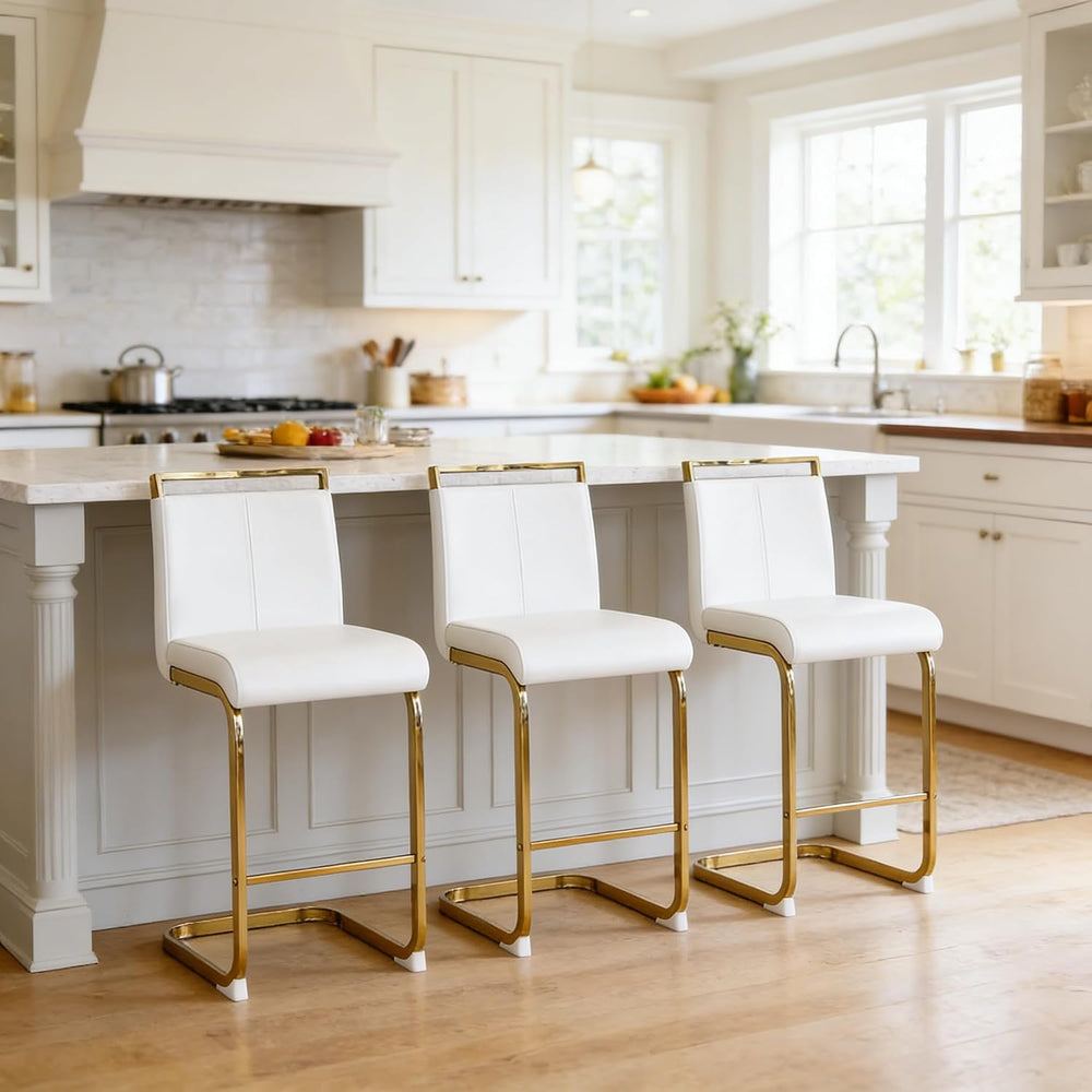 Bar Stools Set of 3,Gold Bar Stools with Back,25" White Island Chairs wi...