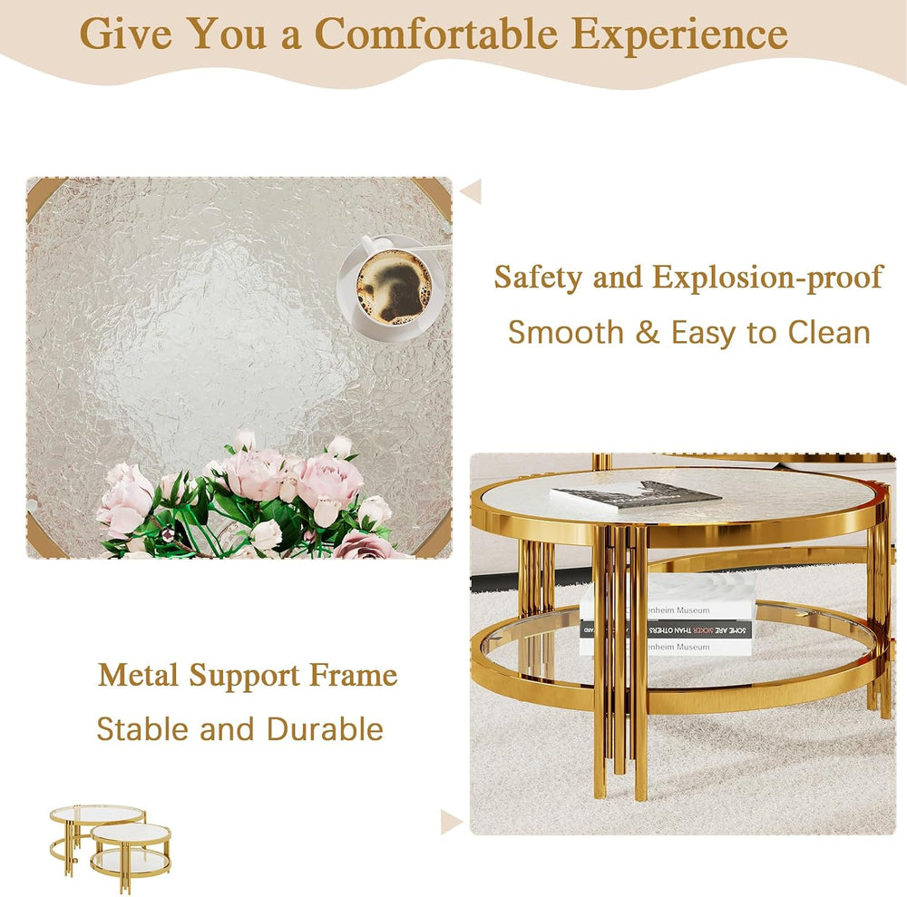 32.75" Round Glass Coffee Table Set of 2, 2-Tier Luxury Nesting Coffee T...