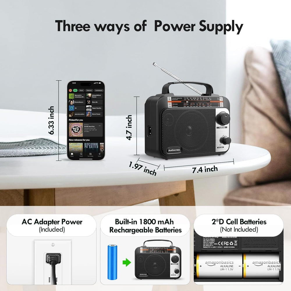 Multi-Band AM/FM/SW1-2 Radio Transistor Radio AC or Battery Operated with Bes...