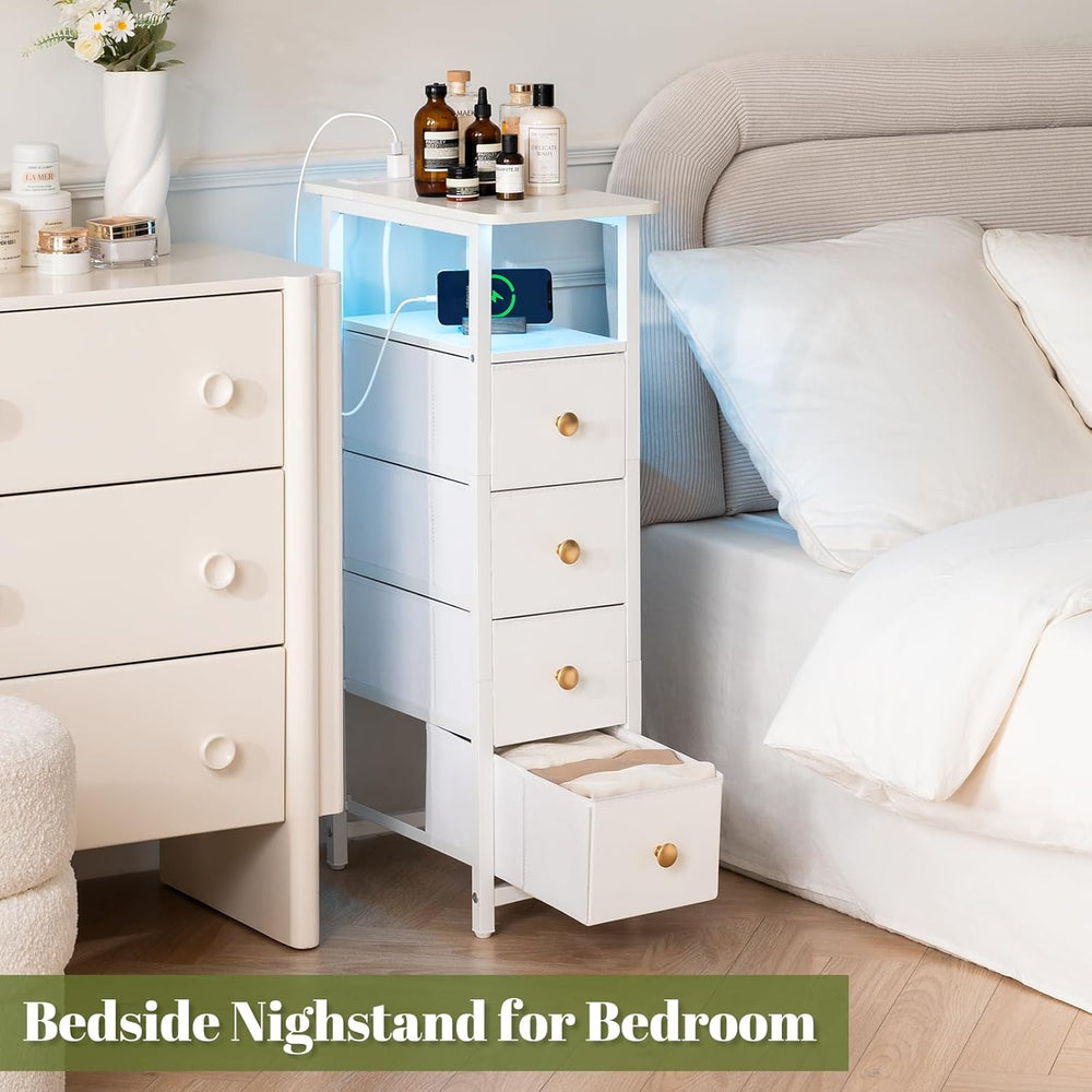 Yoobure LED Narrow Nightstand with Charging Station - Slim Dresser for Bedroo...