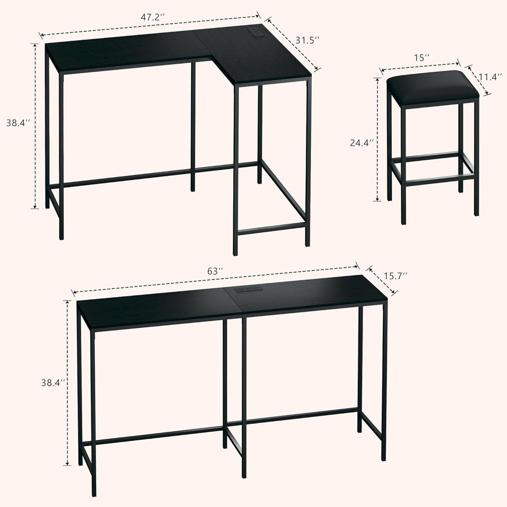 HUAHUU Bar Table and Chairs Set for 2-4, 63'' Convertible L-Shaped Ki...
