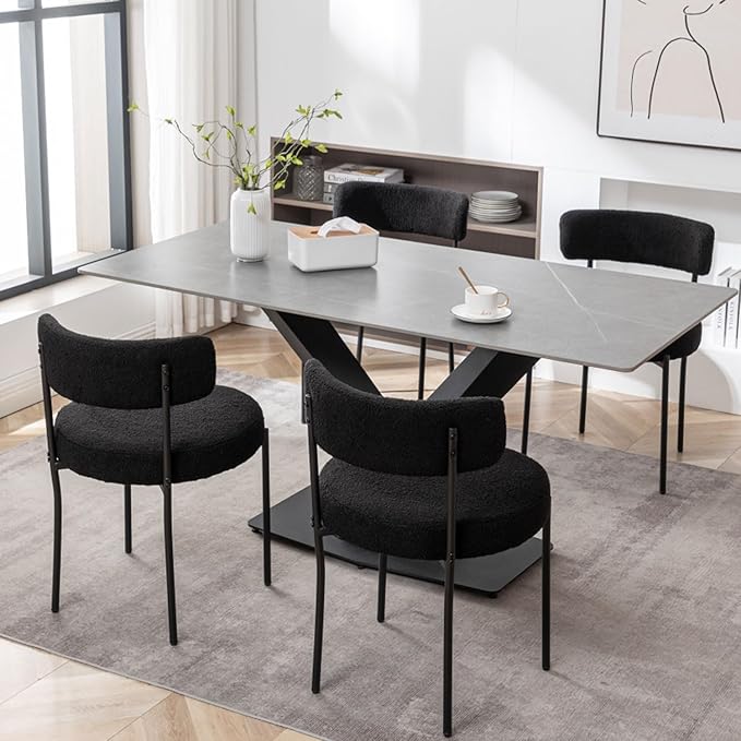 Black Boucle Dining Chairs Set of 4, Upholstered Dining Chairs with Black Met...