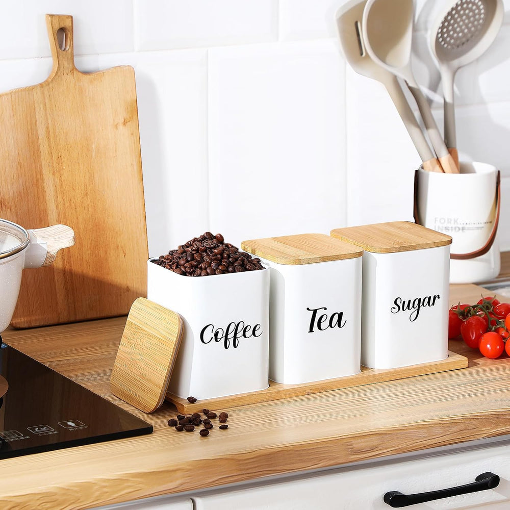 Tioncy Coffee Tea Sugar Container with Tray Set of 3 Airtight Metal Canister ...
