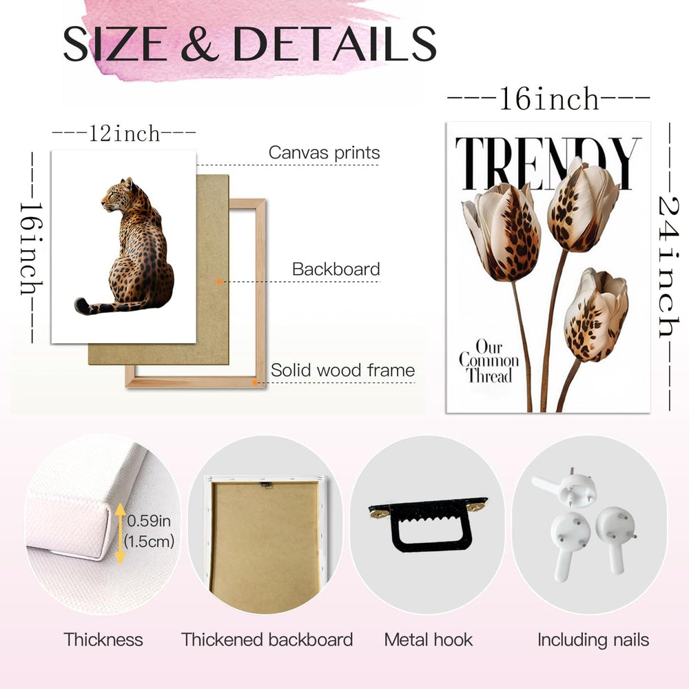Trendy Leopard Canvas Wall Art Set of 3 Cheetah Printed Preppy Fashion Skateb...
