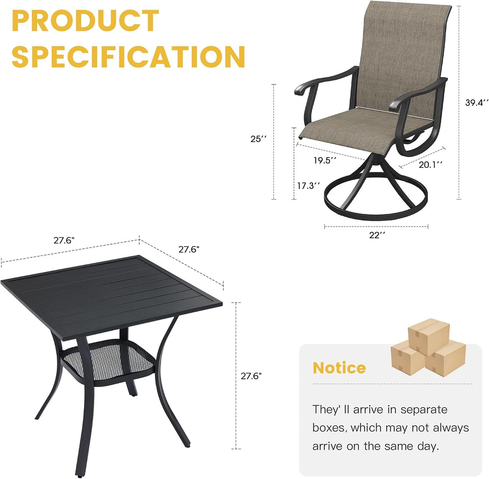 VICLLAX 3-Piece Patio Set, 28" Square Table & Swivel Outdoor Chairs