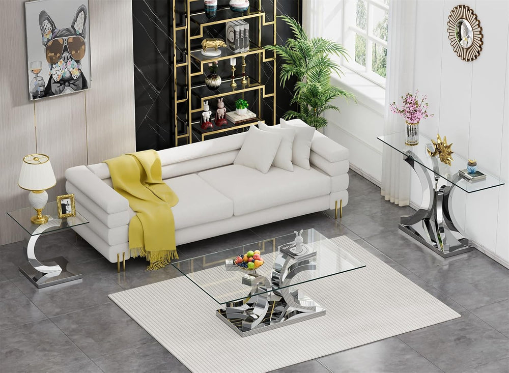 Modern Glass End Table Small Silver Side Table with Gorgeous Stainless Steel ...