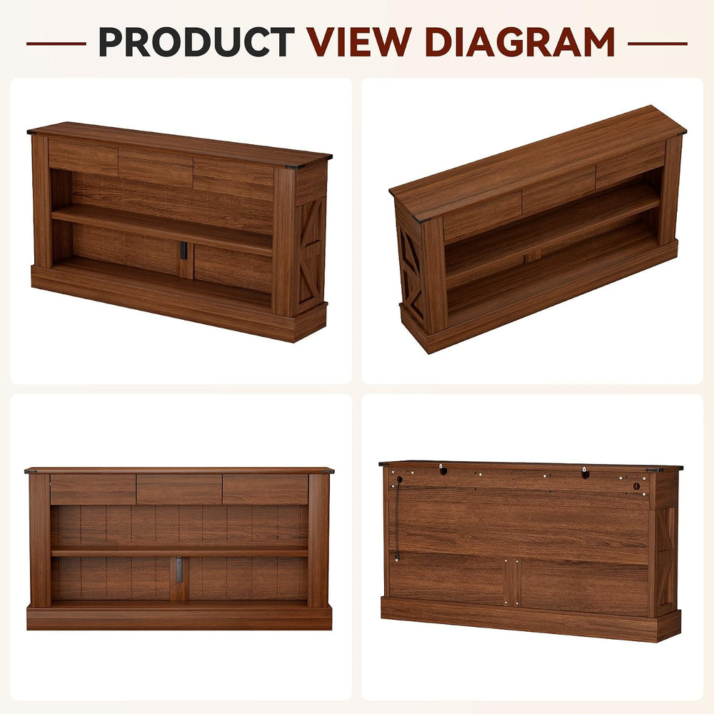 Miereirl 63" Console Table with Drawers & LED Light, Farmhouse, Waln...