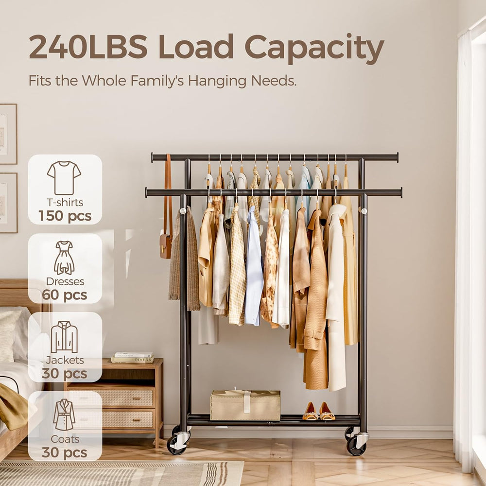 HYSEYY Clothes Rack, Double Rods Rolling Clothing Rack for Hanging Clothes, P...