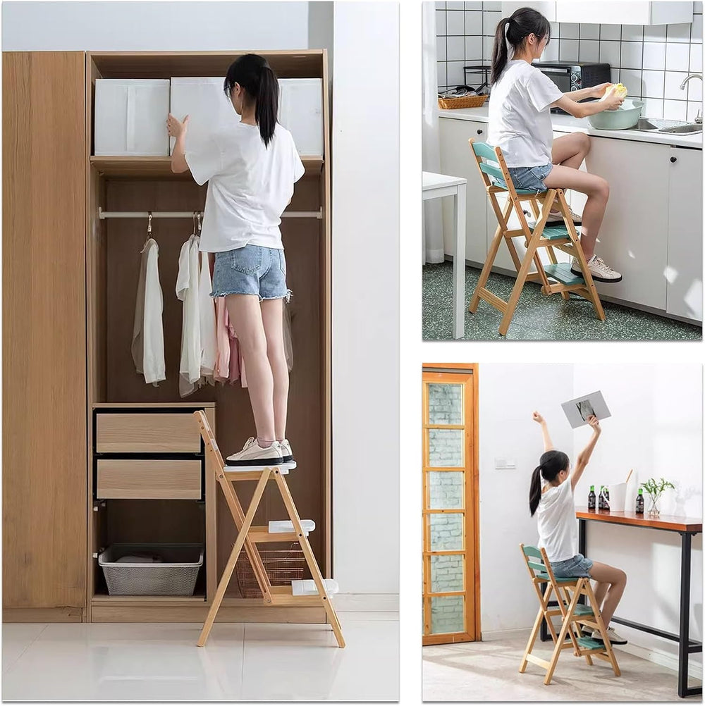 Solid Wood Folding Bar Stool Height Foldable Stool Tall Stool 3 Step Multifun...