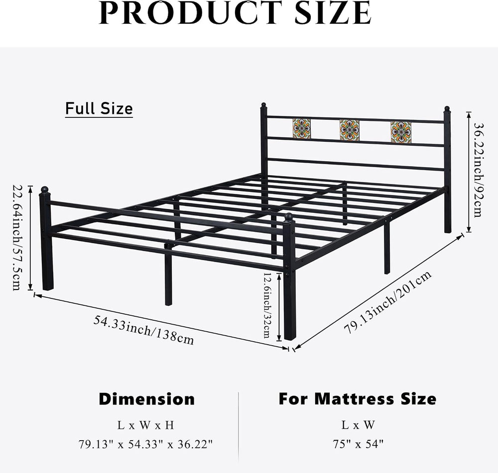 Full Metal Bed Frame with Ceramic Tile Decor Headboard