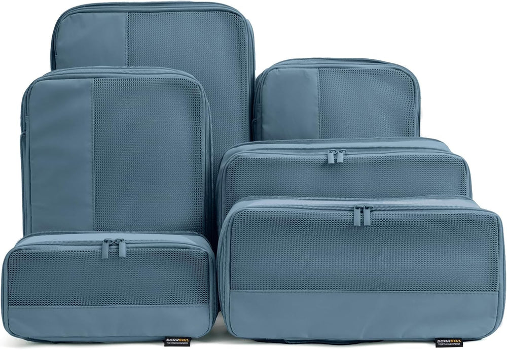 6 Piece Compression Packing Cubes for 7–14 Day Travel, Gray Blue