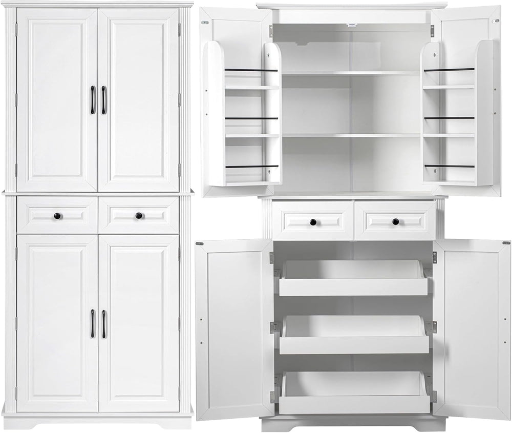 Kitchen Pantry with 3 Pull Out Cabinet Organizers, Farmhouse Freestanding Sto...