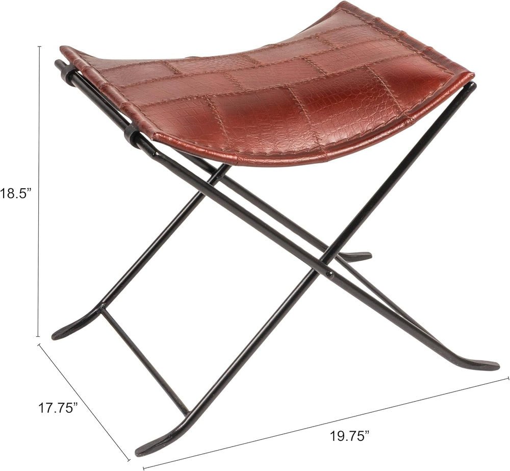 Creative Co-Op Collapsible Leather and Metal Stool, Russet Brown