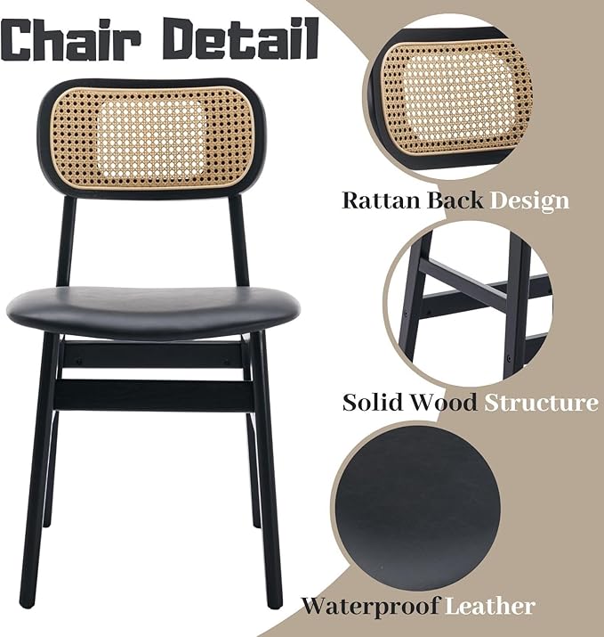 Black Dining Chairs Set of 4 Faux Leather Dining Room Chairs with Rattan Back...