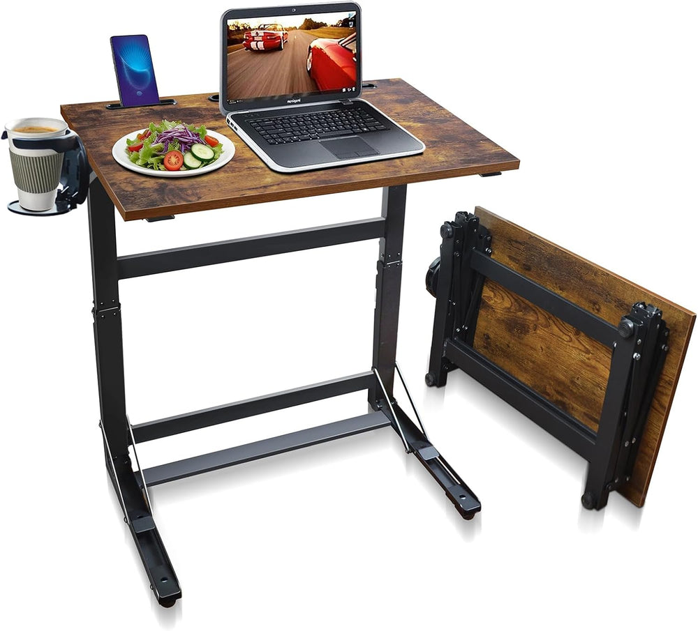 No Assembly Folding TV Tray Table C-Shaped Couch End Table with Cup Holder &a...