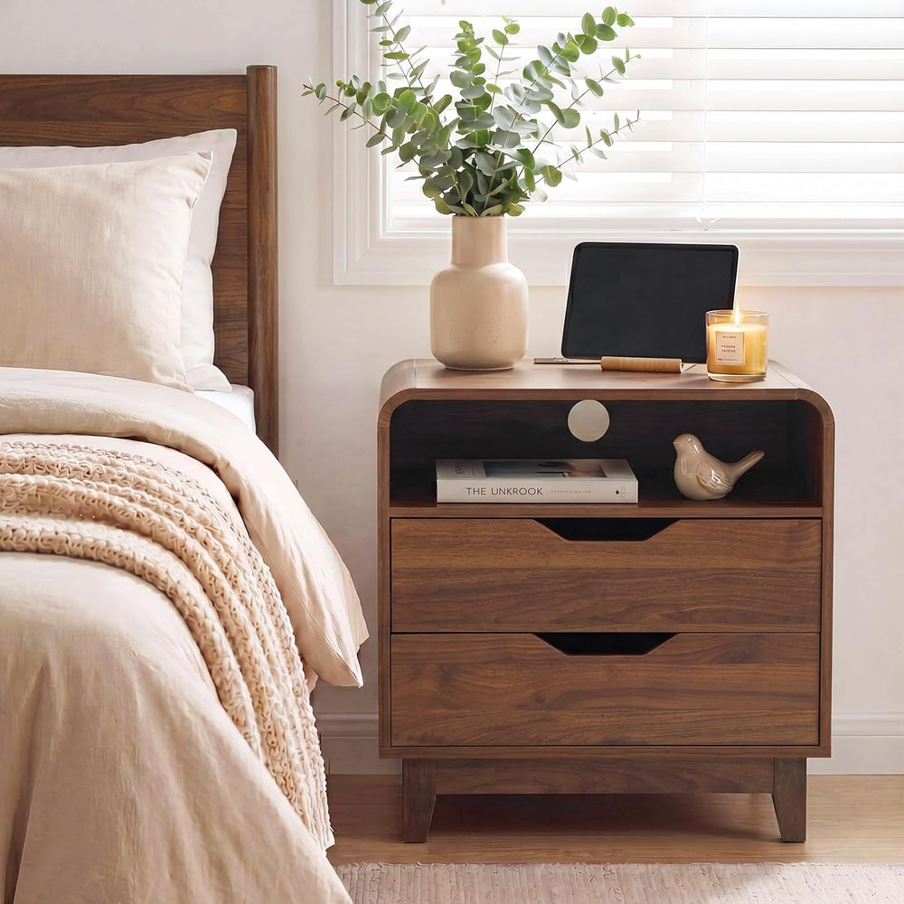 Nightstands Set of 2 with Charging Station, Mid Century Modern Night Stands w...