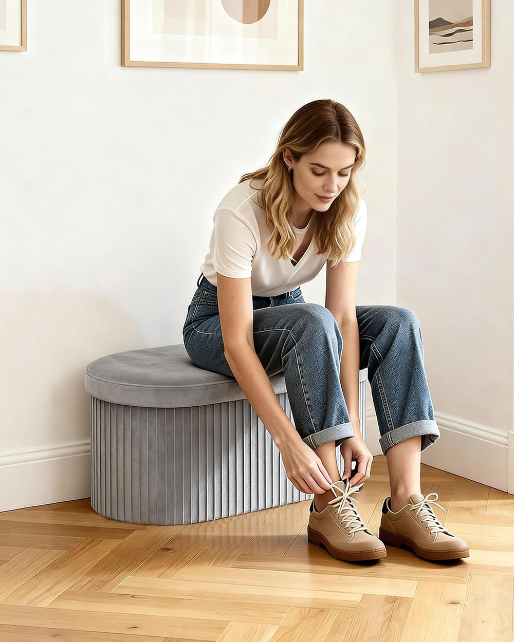 GLAXYFUR Folding Storage Ottoman, Velvet Upholstered Foot Rest, 30 Inches Ova...