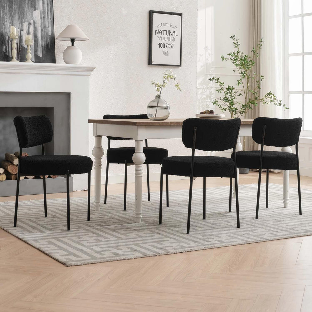 Black Boucle Dining Chairs Set of 2, Mid Century Modern Dining Room Chair wit...