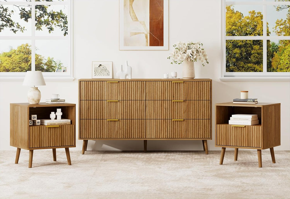 LYNSOM Fluted Dresser and Nightstand Sets 3 Piece, 6-Drawers Dresser and 1-Dr...
