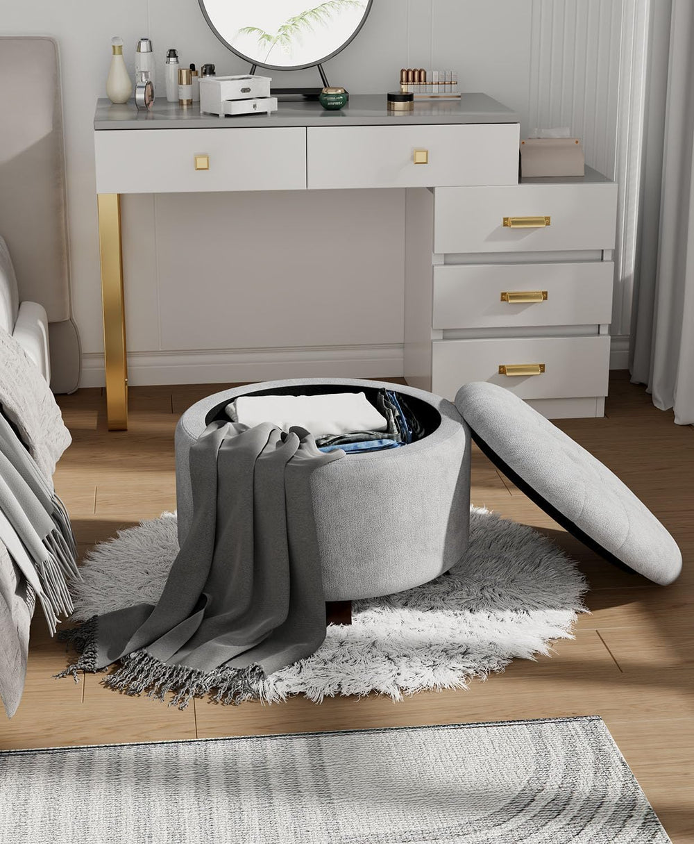 OS MOTOR Round Storage Ottoman Bench, Light Gray, 25 Inches | Multi-Functiona...