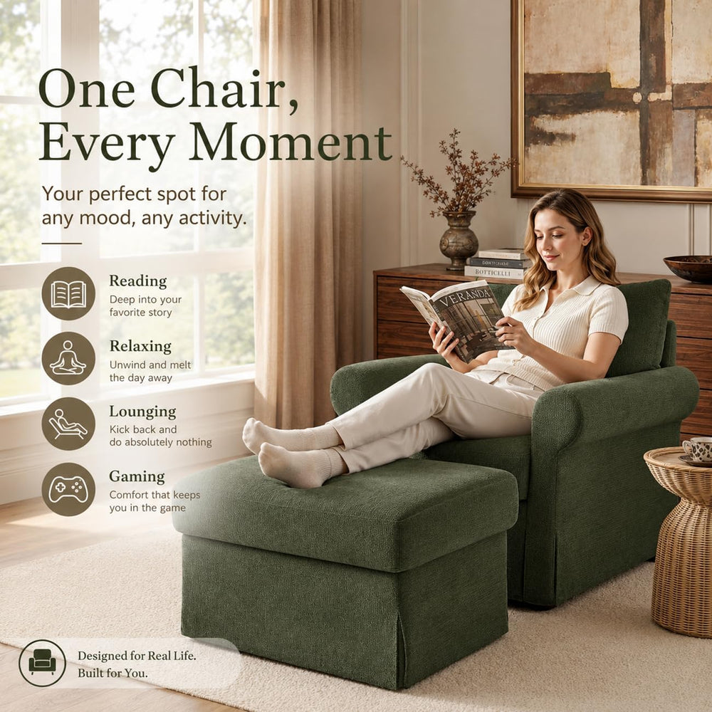 Modern Accent Chairs with Ottoman Set, Olive Green