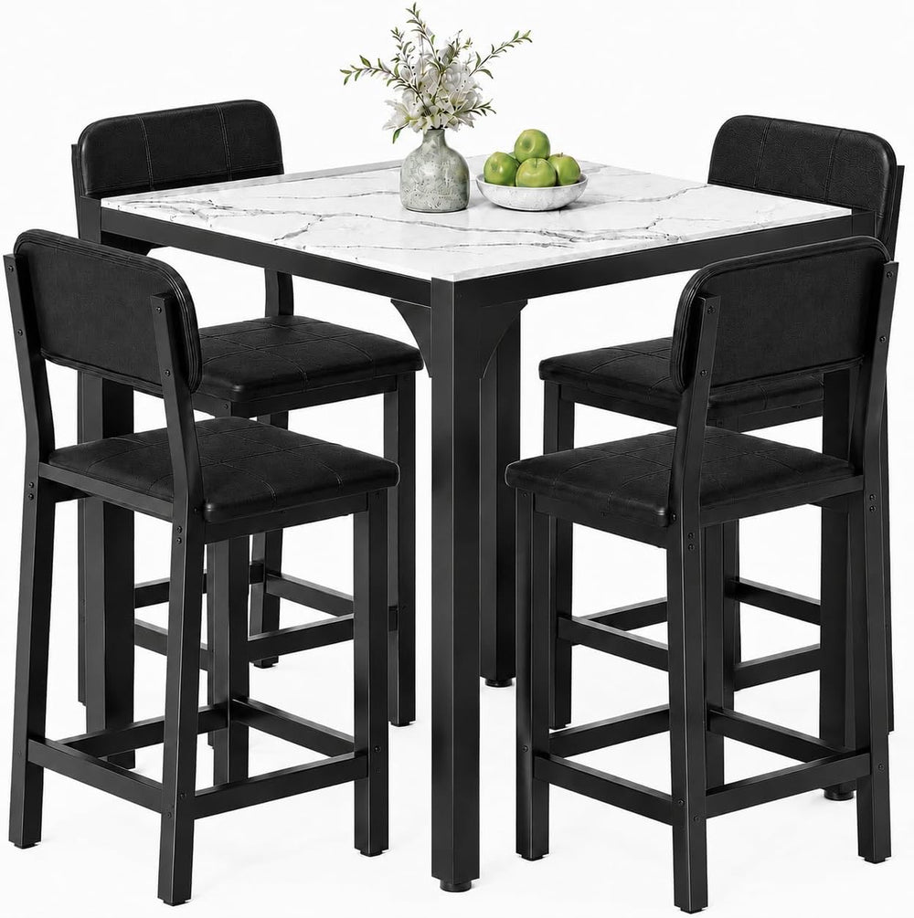 5-Piece Counter Height Dining Table Set for 4, Marble-Look, Black