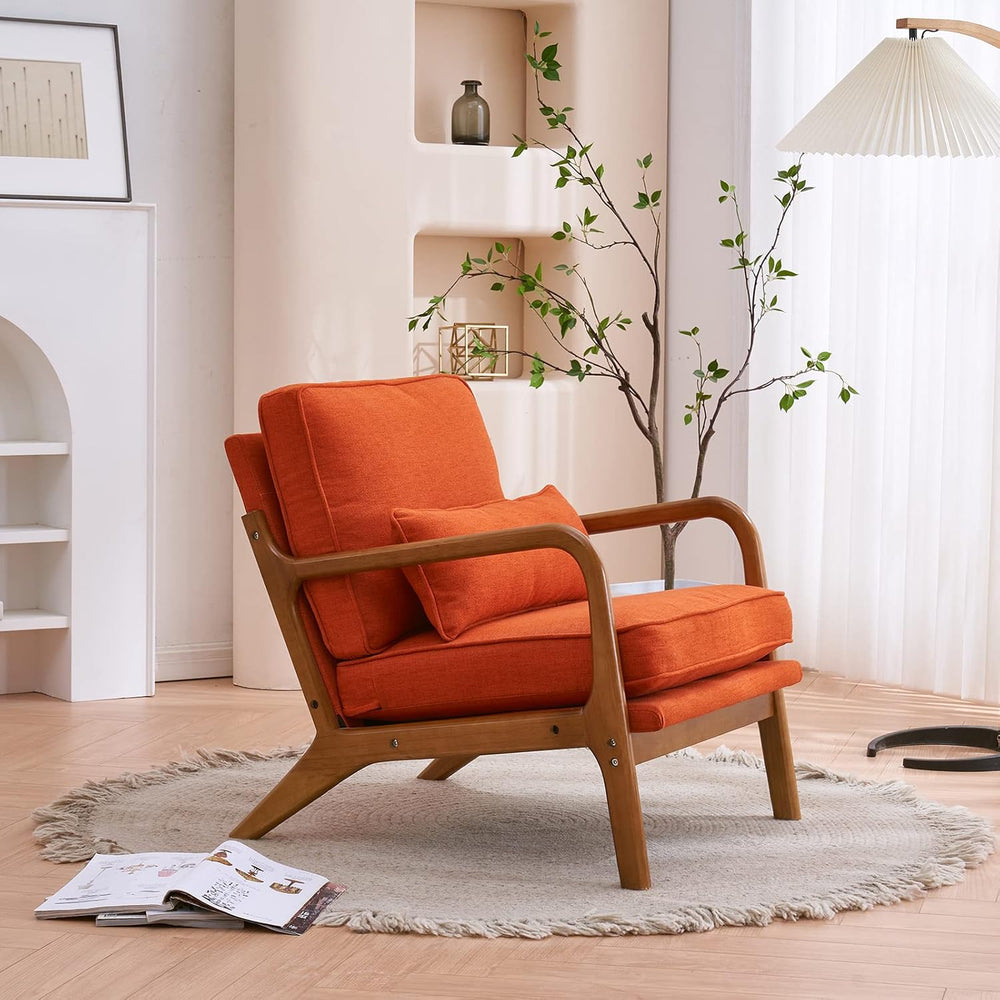 Bonnlo Linen Burnt Orange Mid Century Modern Accent Chair, Soild Wood Padding...