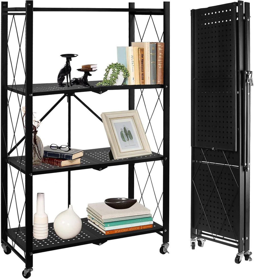 4-Tier Foldable Storage Shelf with Wheels, Metal Collapsible Shelving Unit, H...