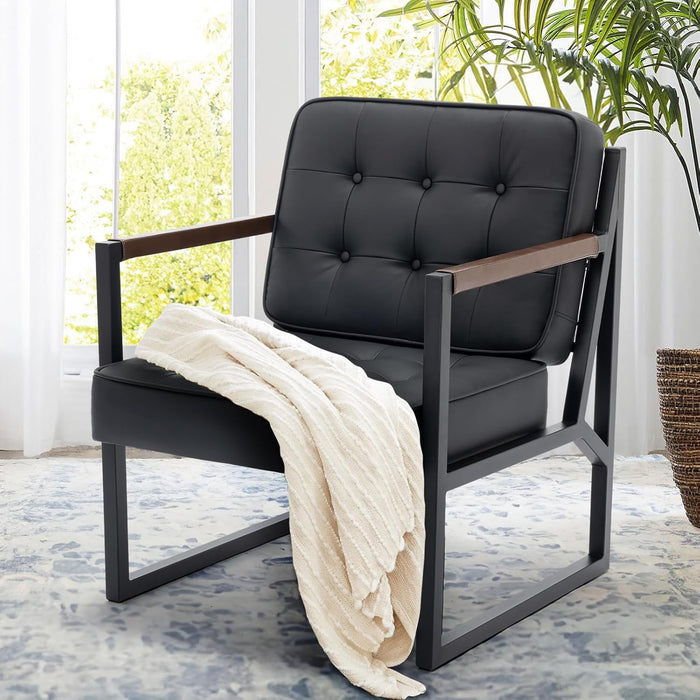 COLAMY Mid Century Modern Accent Chair, Leather Living Room Chair, Black