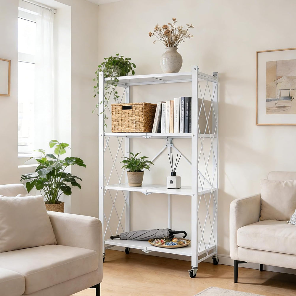 4-Tier Foldable Storage Shelf with Wheels, Metal Collapsible Shelving Unit, H...