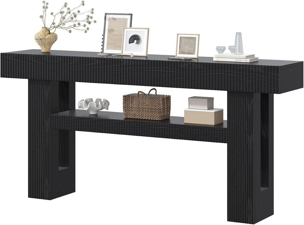 Bigbiglife 63" Fluted Console Table, Black | 2-Tier with Storage Shelves...