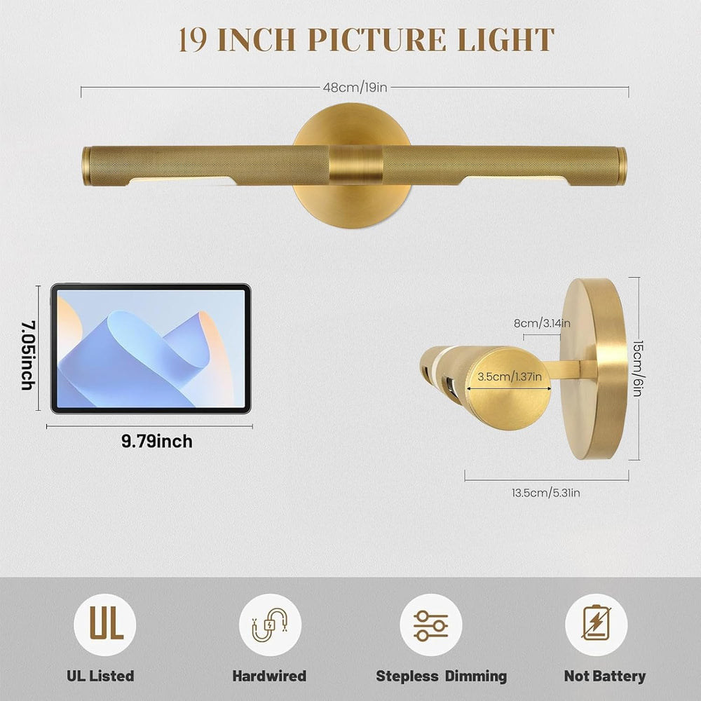 Hard-wired Knurled Picture Light, 19in Brass Picture Light for Wall, Dimmable...