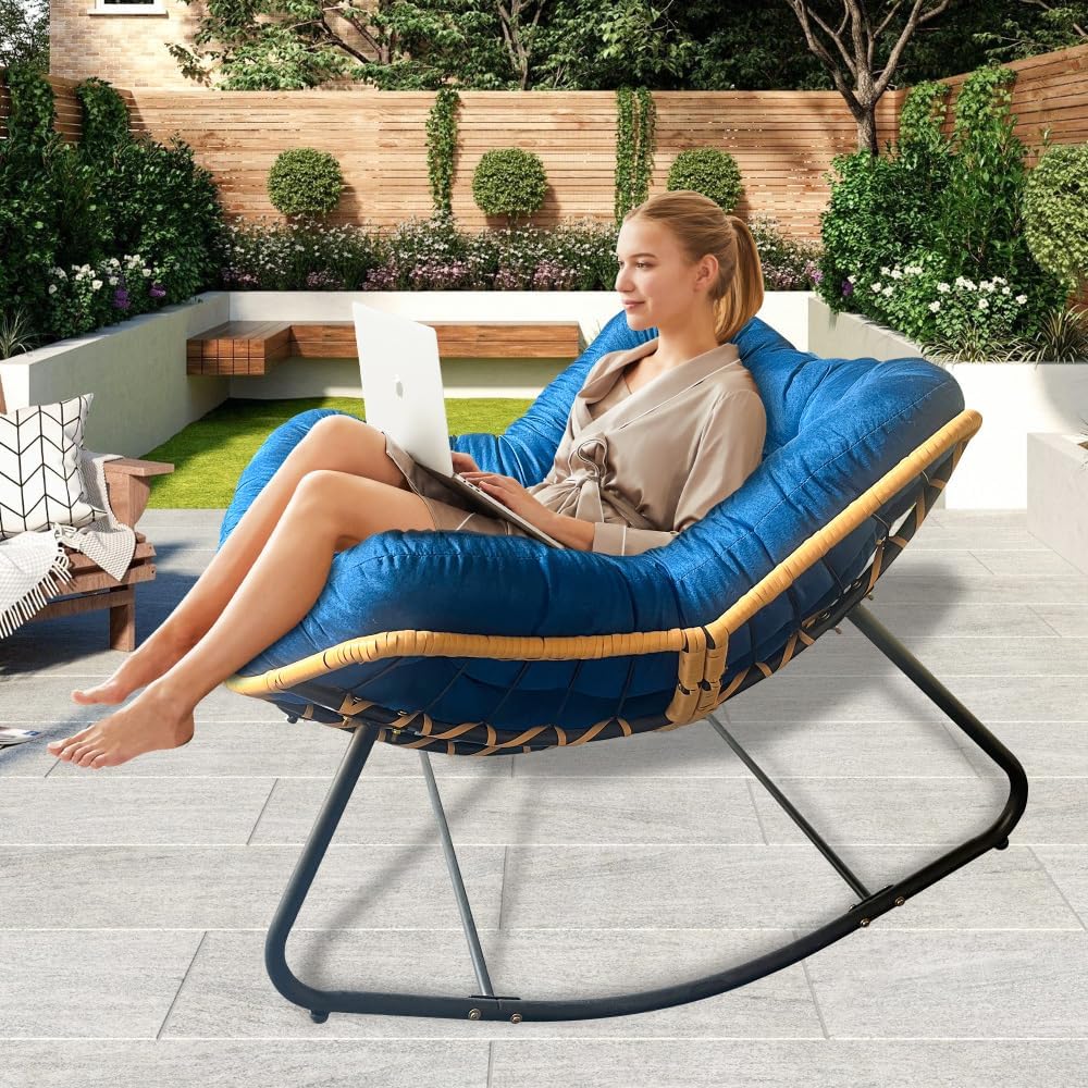 Larger Outdoor Rocking Chair, Rattan Wicker Lounge Chair, for Bedroom, Living...
