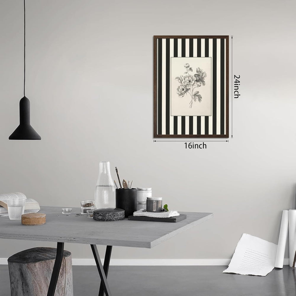 Framed Black and White Striped Wall Art Vintage Flower Pictures 16x24 In