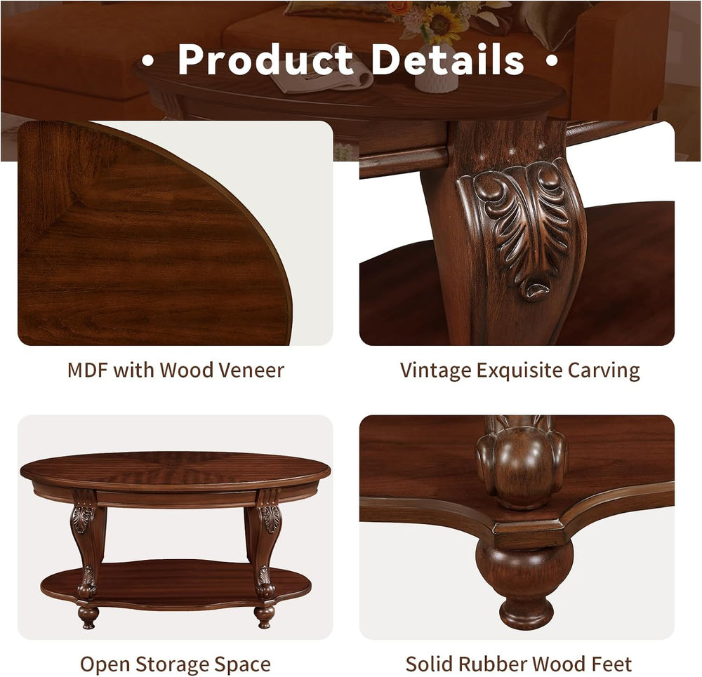 LKTART Oval Wood Living Room Coffee Table and End Table Set of 3, Cherry