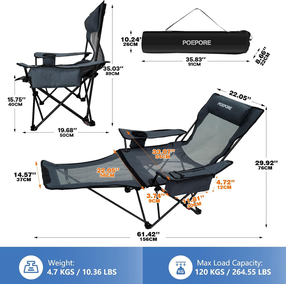 Reclining Camping Chair 4 Position with Foot Rest Comfortable for Adults 265I...