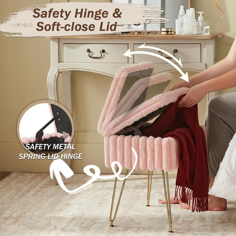 EBENCHICO Vanity Stool Chair with Storage, Faux Fur Stools for Vanity | Makeu...
