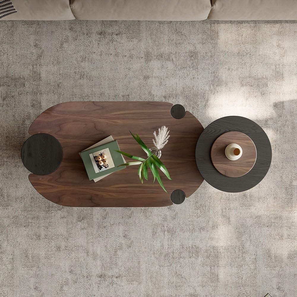 Mobile Side Table Modern Wooden Nesting Coffee Table Set Oval & Round Liv...