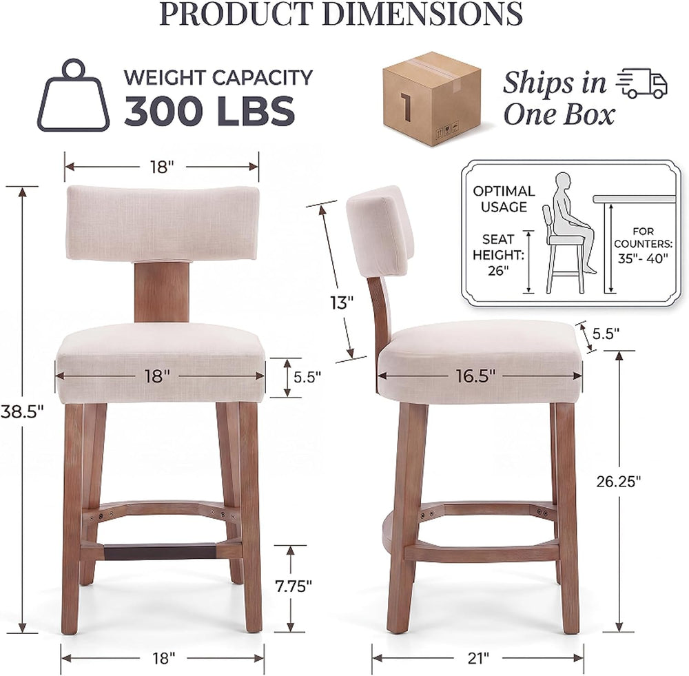 Farmhouse Bar Stools Set of 2, 26" Linen Upholstered Counter Height Bars...