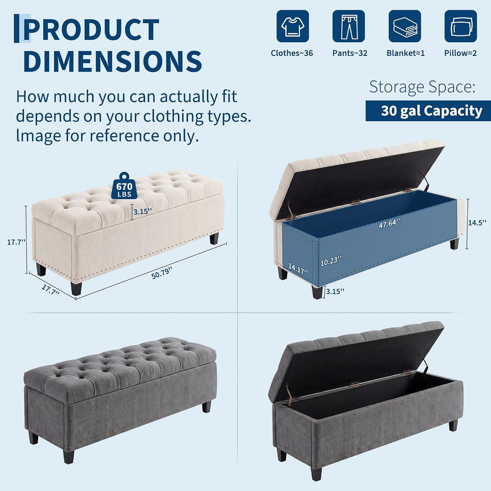 51" Extra Large Storage Ottoman Bench, Supports 660lbs End of Bed Storag...