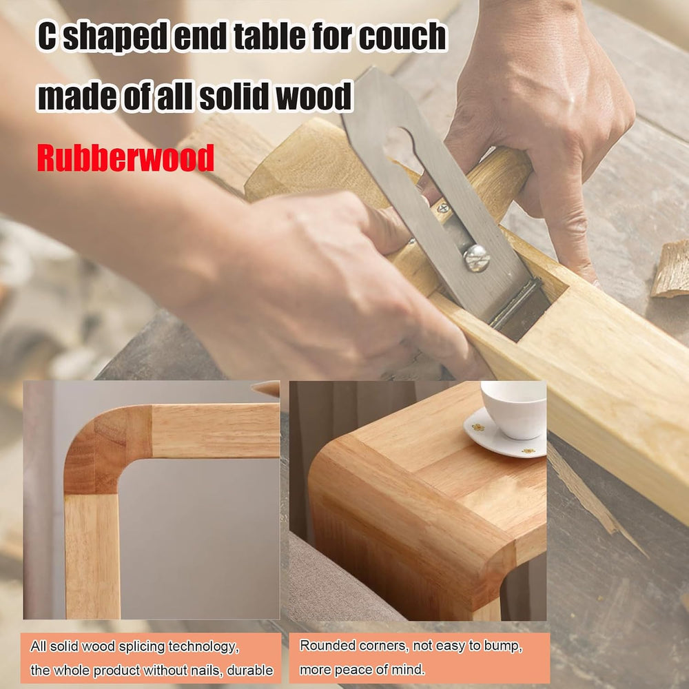 C Shaped End Table, Solid Wood Sofa Side Table for Couch, Bed, and Living Roo...