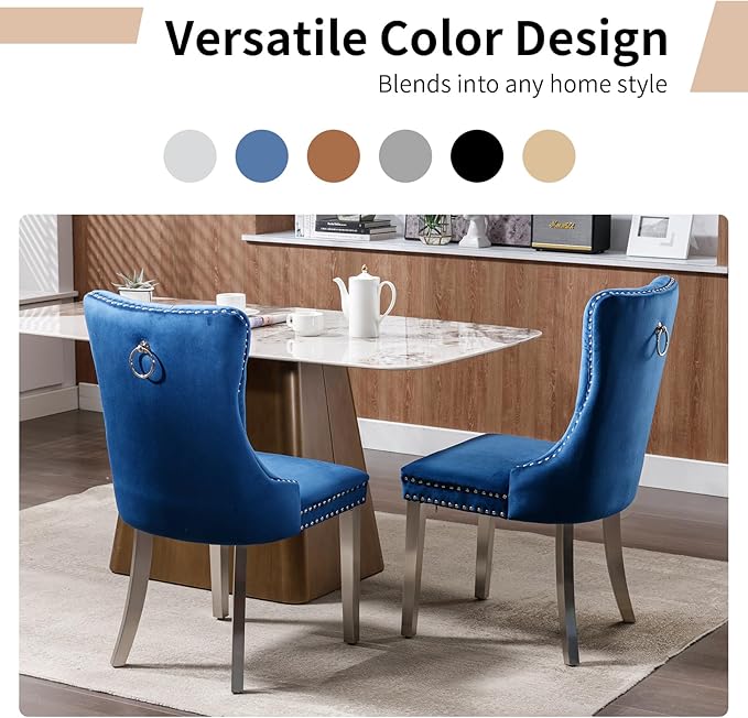 Luxury Upholstered Dining Chairs Set of 8, Blue Kitchen Chair with Silver Met...