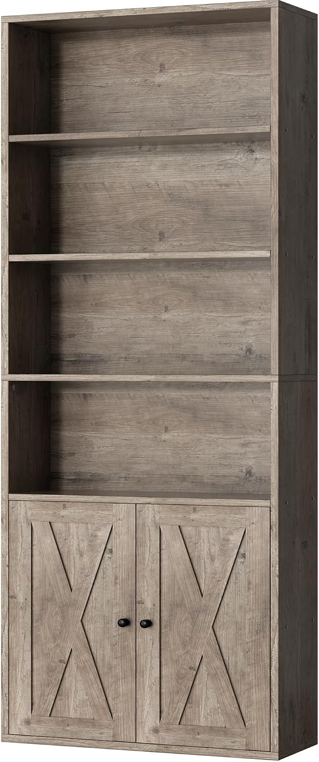 Shintenchi 6 Tier Bookshelf with Doors, Tall Standing Bookcase