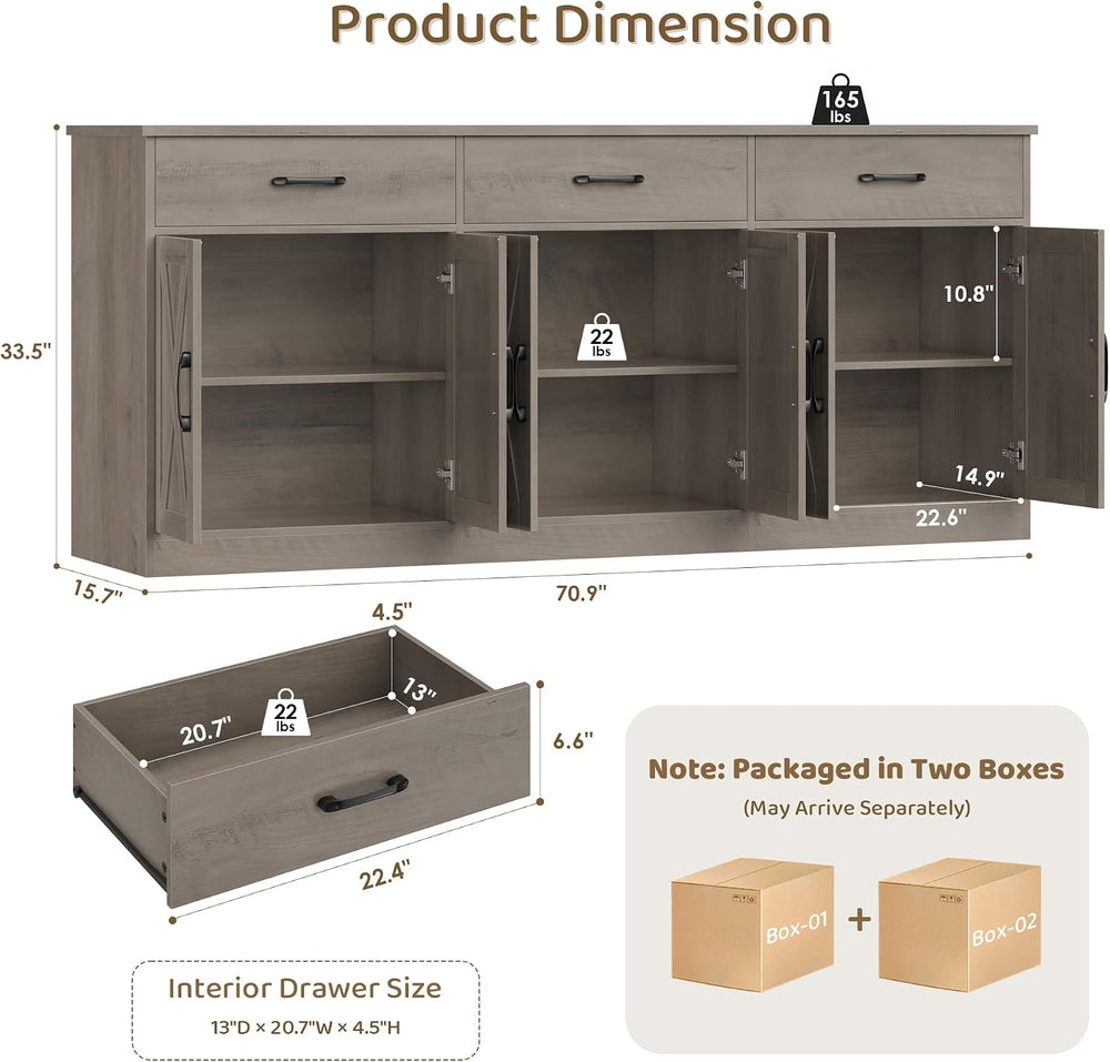 HOSTACK 71" W Farmhouse Kitchen Sideboard Buffet Cabinet with Storage, Grey