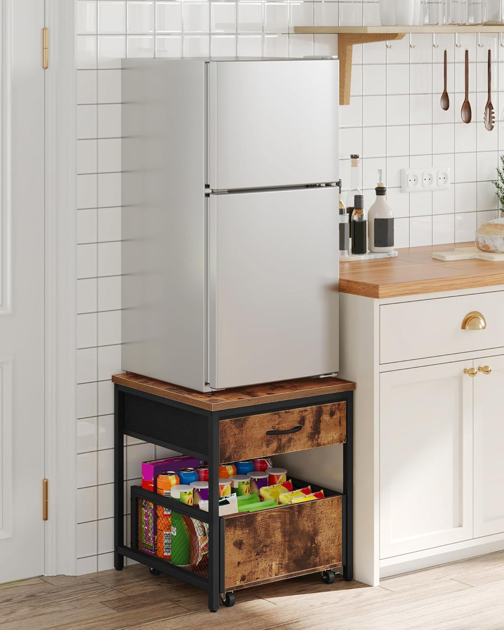 CHOEZON Narrow Side Table and Mini Fridge Stand with Storage, Skinny End Tabl...