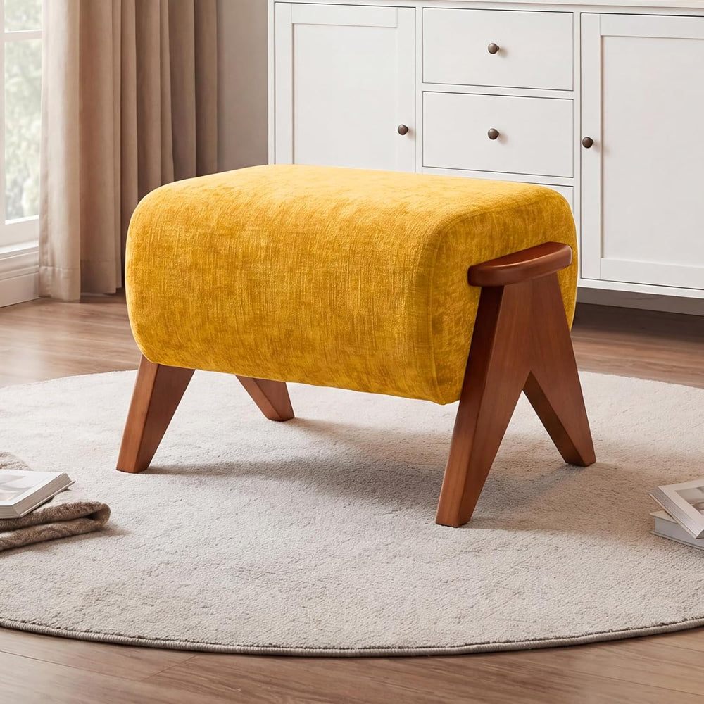 Linen Padded footstools Mid Century Modern Ottoman with Wood Frame, Lounge Up...
