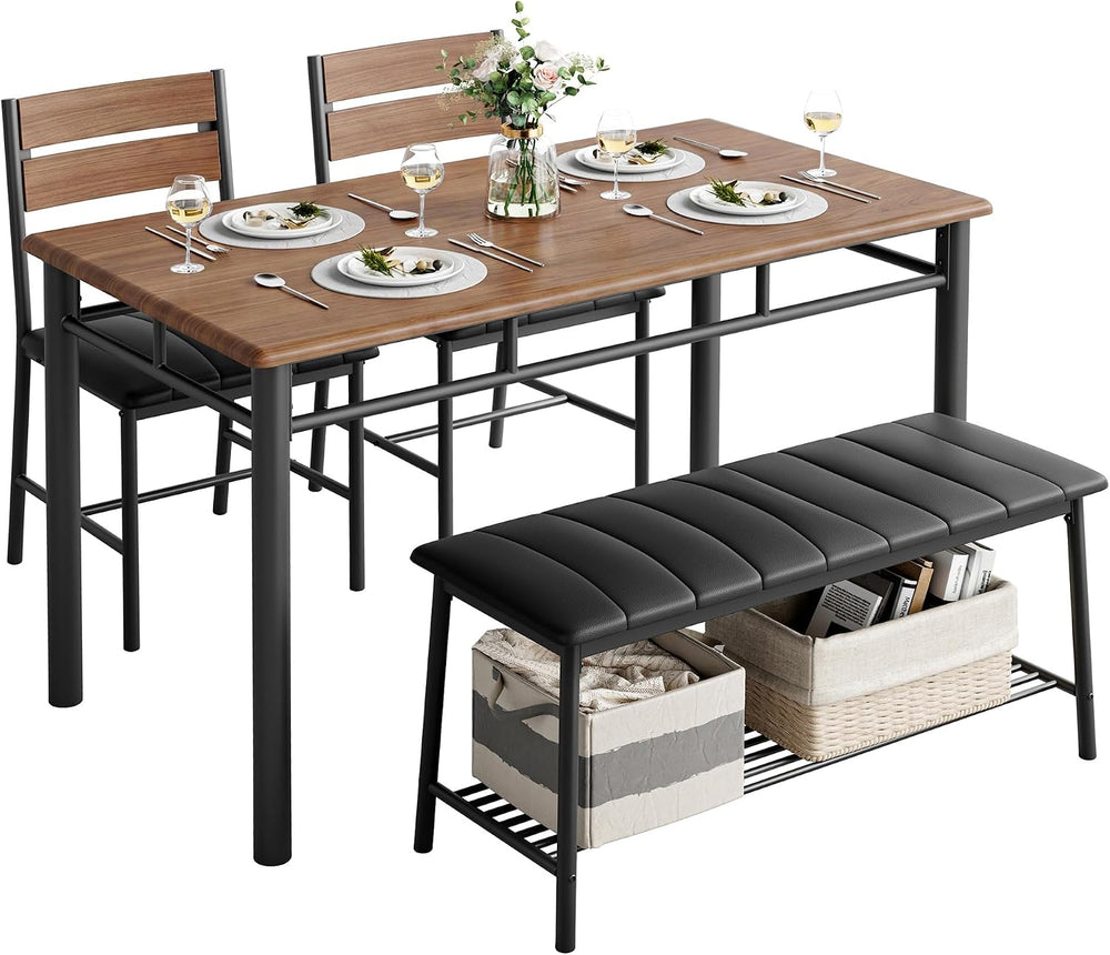 IRONCK Dining Table Set for 4, Kitchen Table with Upholstered Bench and 2 Cha...